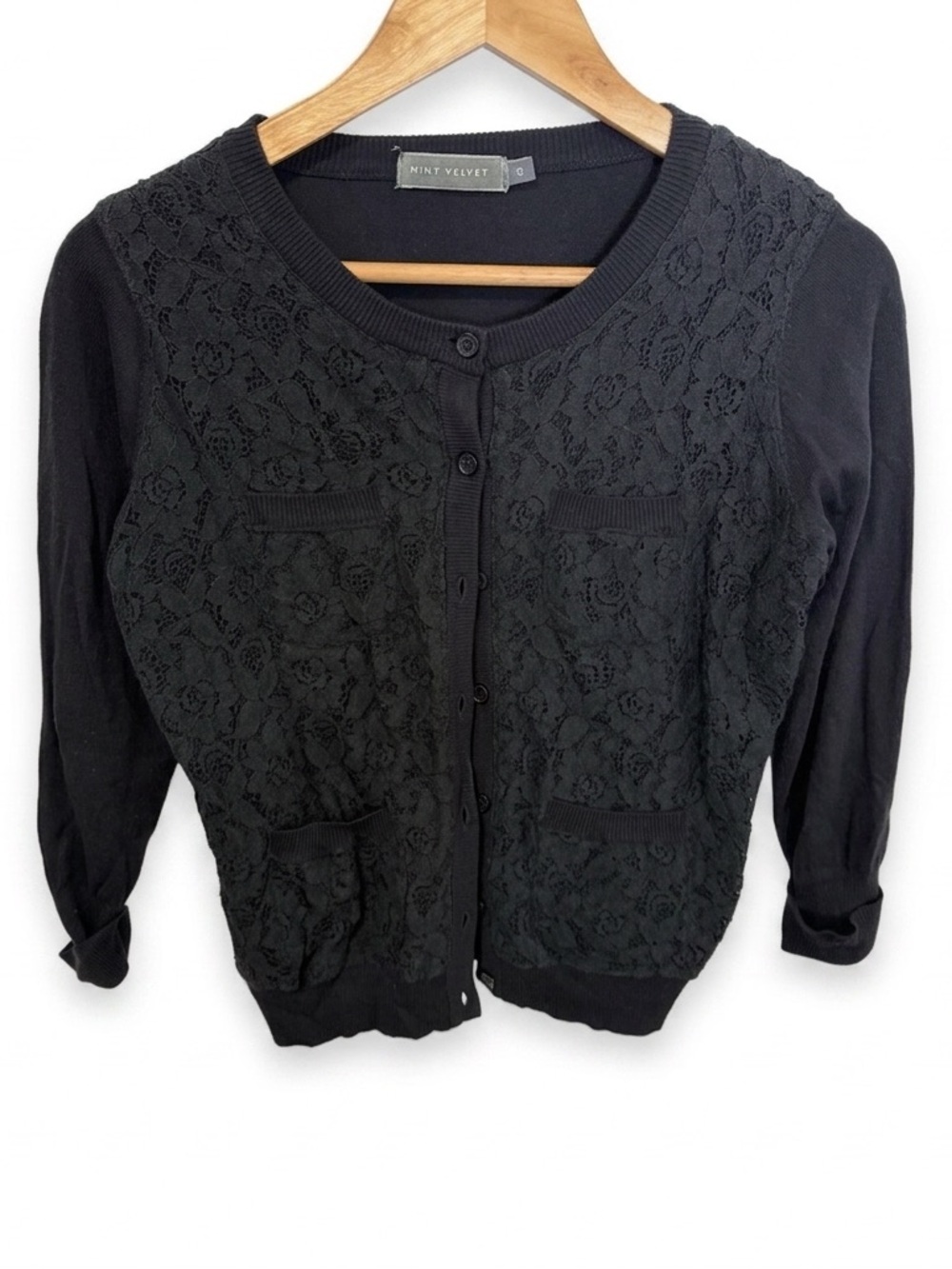 Mint Velvet Black Knit Cardigan Sweater with Lace Detail - See Measurements
